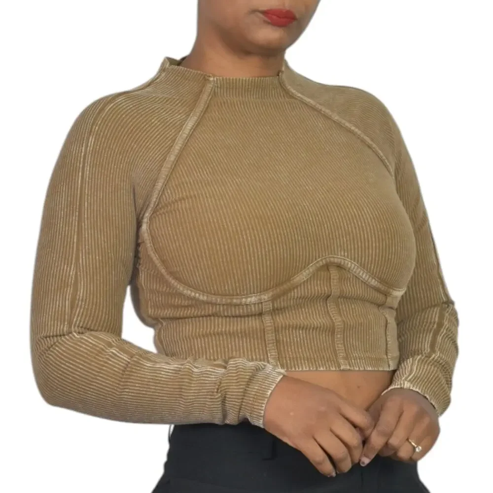 Fashion Nova Corset Crop Top Brown Washed Ribbed Long Sleeve Bustier Size Medium - Picture 2 of 15